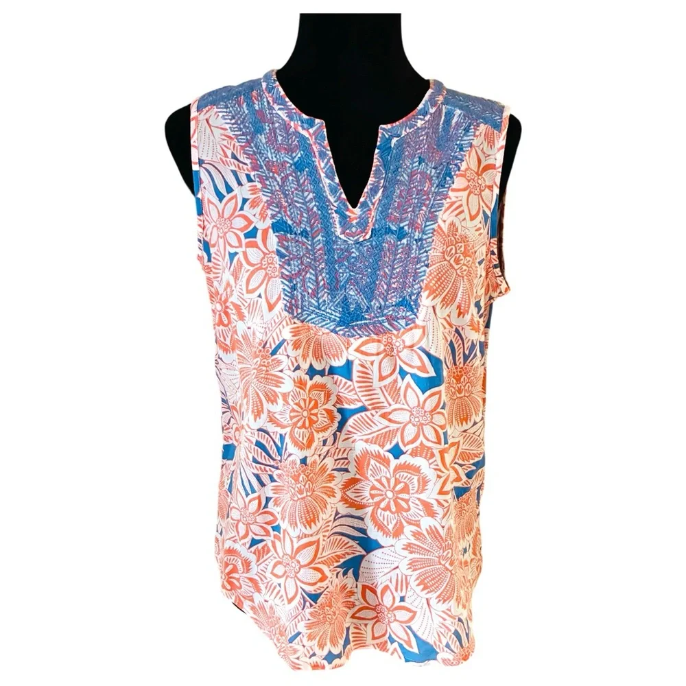 Talbots Sz SMALL Tropical Floral Embroidered Cotton Sleeveless Blouse - Picture 2 of 8
